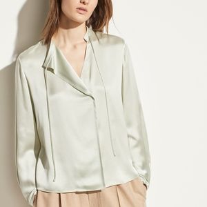 Vince Satin Tie Neck Popover Silk Blouse